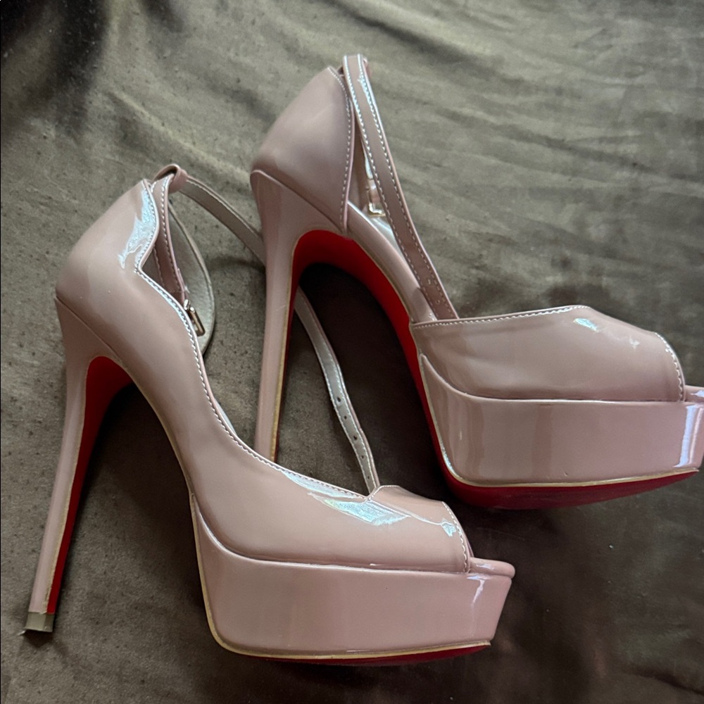 Christian Louboutin Blush Pink Patent Leather Peep-Toe Heels - Picture 2 of 3